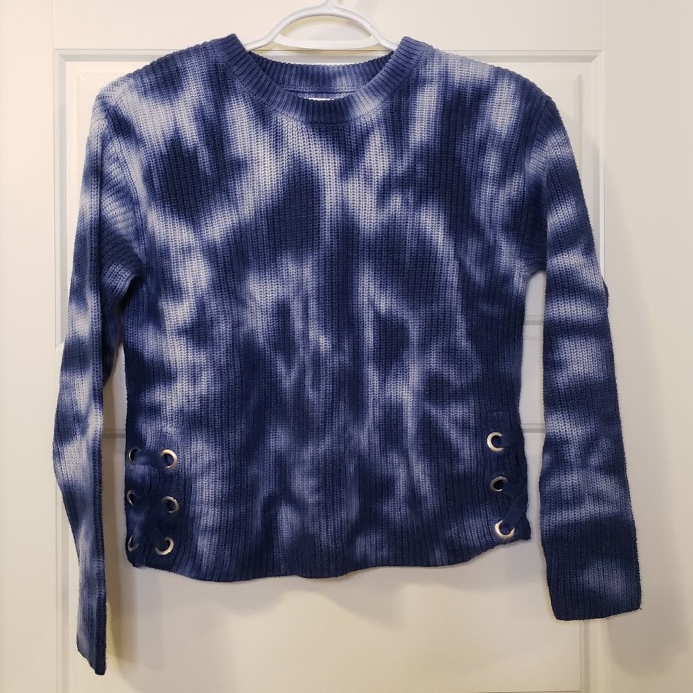 Justice Girl's Blue White Tie-Dye Cotton/Acrylic Knitted Laced Sweater-Size M/12
